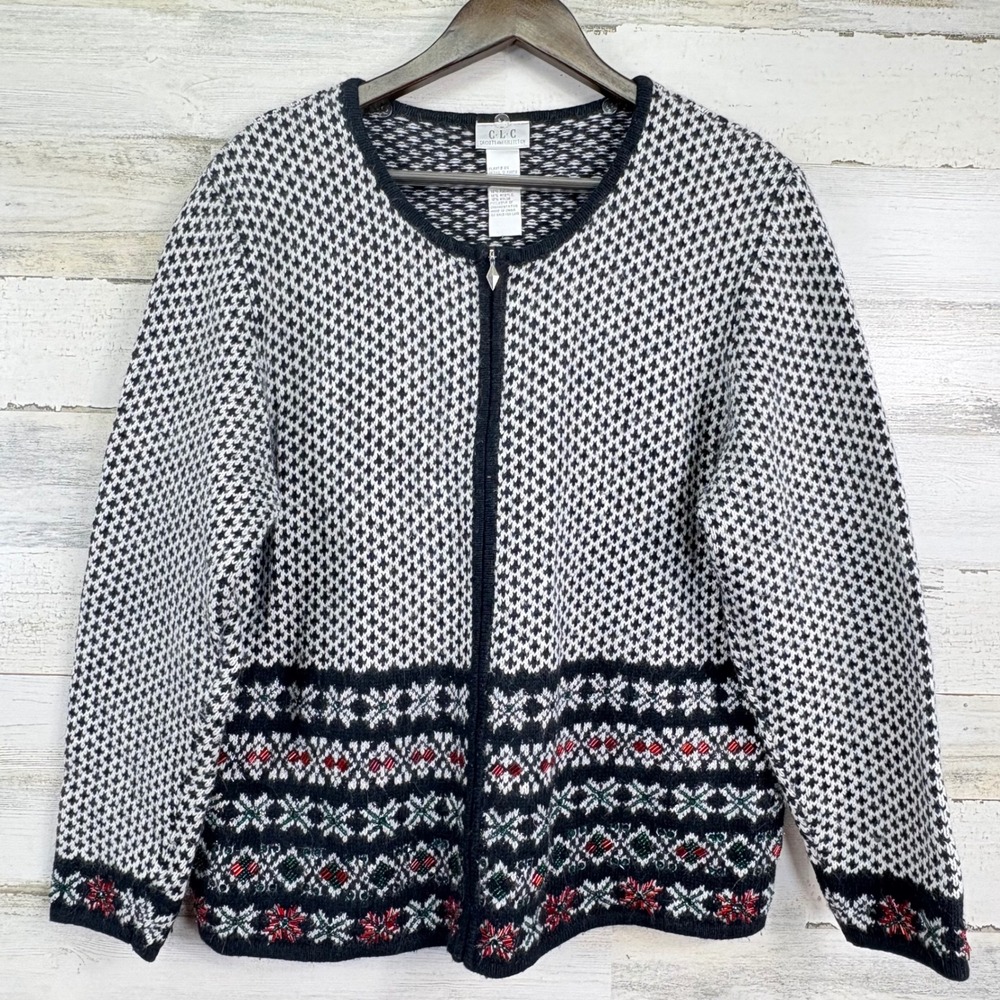 CLC Cricket Lane Collection Zip Angora Blend Xmas Sweater Beaded Cardigan Size L